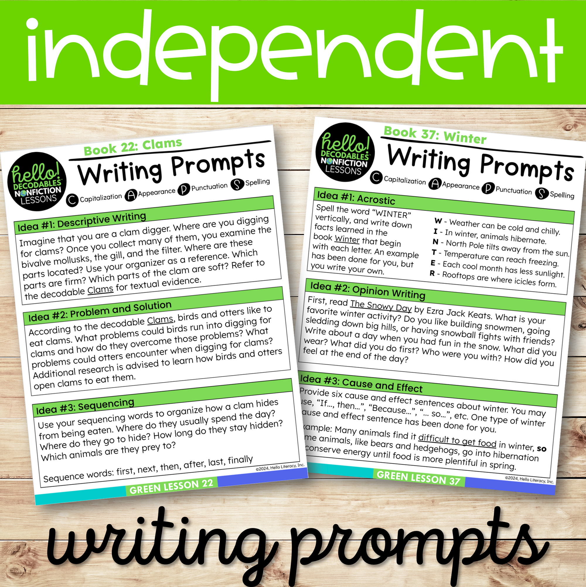 Green Lessons writing prompts for independent tasks, featuring ideas on clams and winter themes.