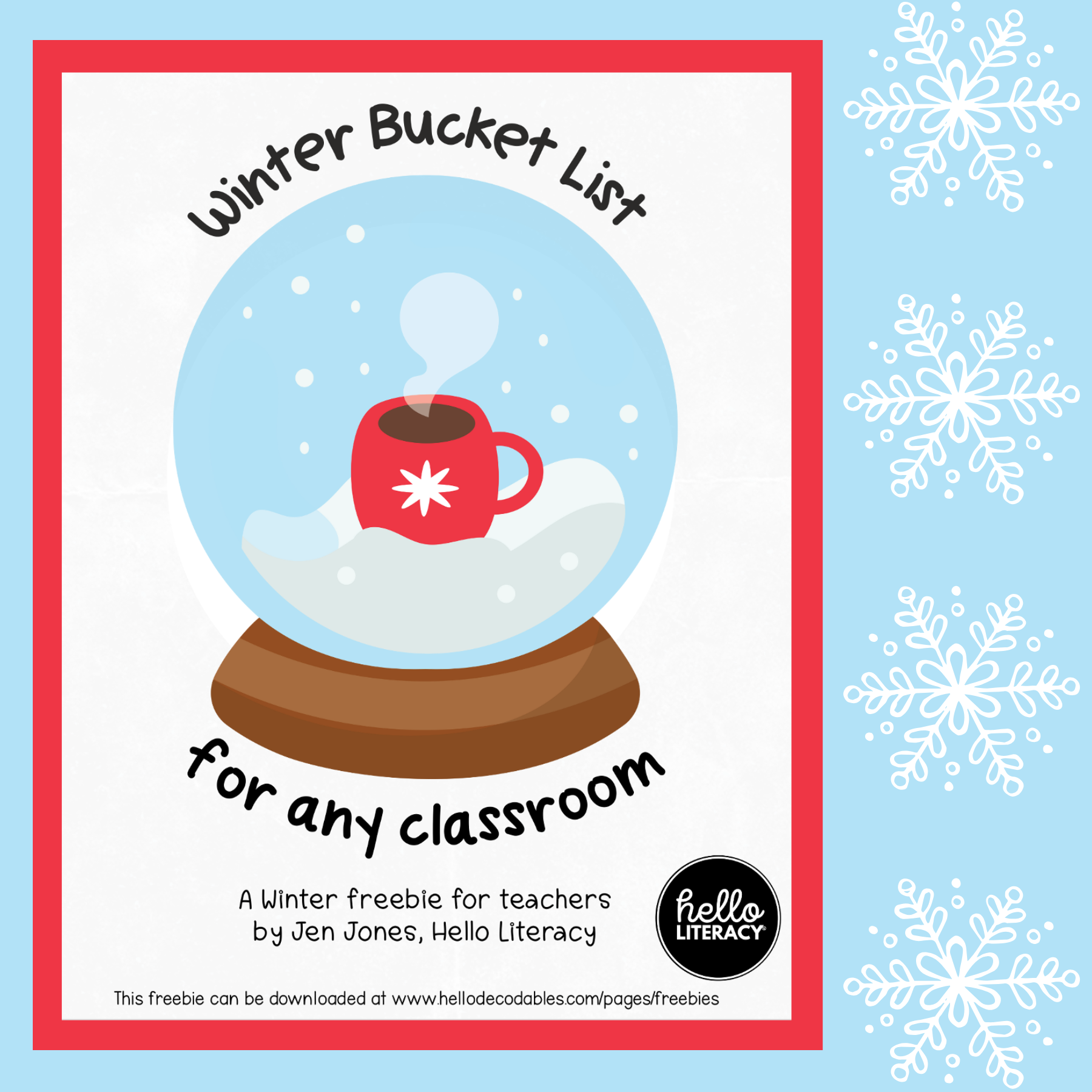 Cover is a snowglobe with a hot cocoa in a red mug. Words above the snow globe say WINTER BUCKET LIST and words below the snowglobe say FOR ANY CLASSROOM